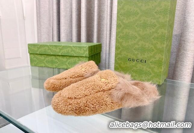 Trendy Design Gucci Shearling Flat Slipper Camel Brown 728017