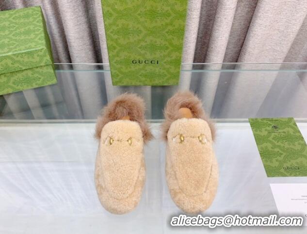 Lower Price Gucci Shearling Flat Slipper Beige 728018