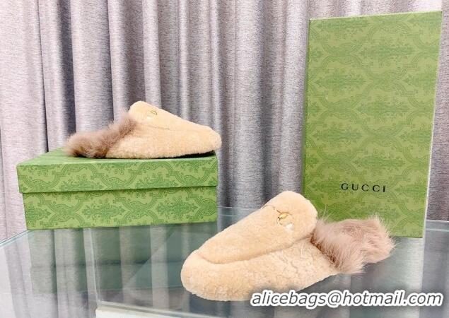 Lower Price Gucci Shearling Flat Slipper Beige 728018