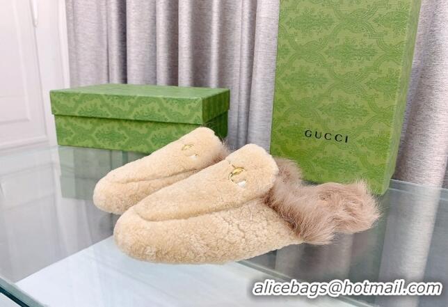 Lower Price Gucci Shearling Flat Slipper Beige 728018