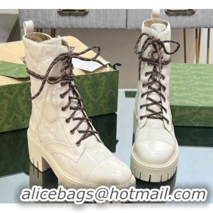 Sumptuous Gucci GG Matelasse Leather Lace-up Ankle Boots White 804081