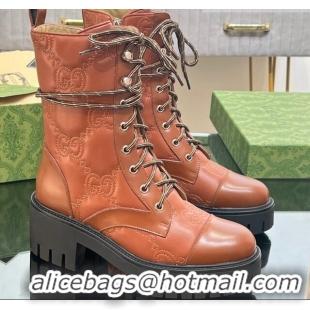 Original Cheap Gucci GG Matelasse Leather Lace-up Ankle Boots Brown 804083