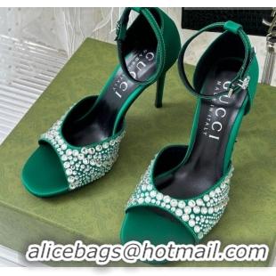 Well Crafted Gucci Heel Sandals with Crystals in Satin 7.5cm Emerald Green 081006