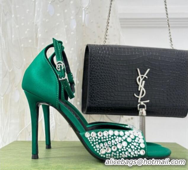 Well Crafted Gucci Heel Sandals with Crystals in Satin 7.5cm Emerald Green 081006