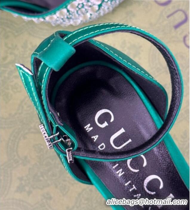 Well Crafted Gucci Heel Sandals with Crystals in Satin 7.5cm Emerald Green 081006