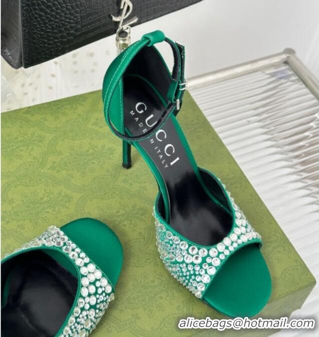 Well Crafted Gucci Heel Sandals with Crystals in Satin 7.5cm Emerald Green 081006