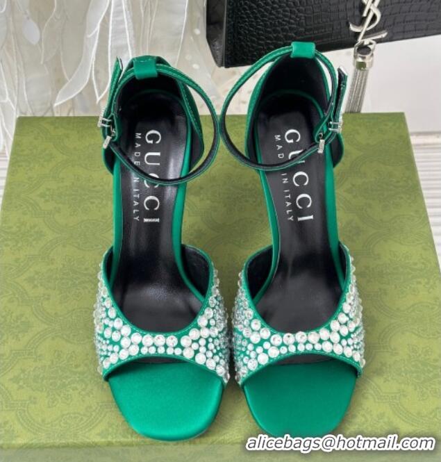 Well Crafted Gucci Heel Sandals with Crystals in Satin 7.5cm Emerald Green 081006