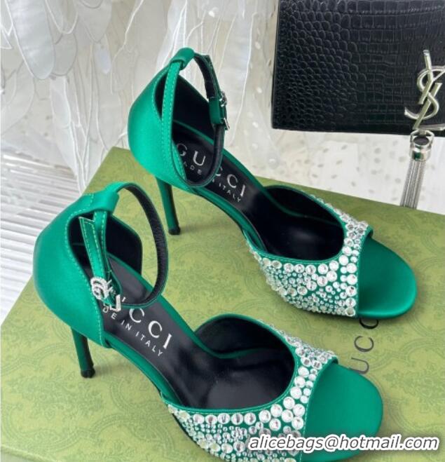 Well Crafted Gucci Heel Sandals with Crystals in Satin 7.5cm Emerald Green 081006