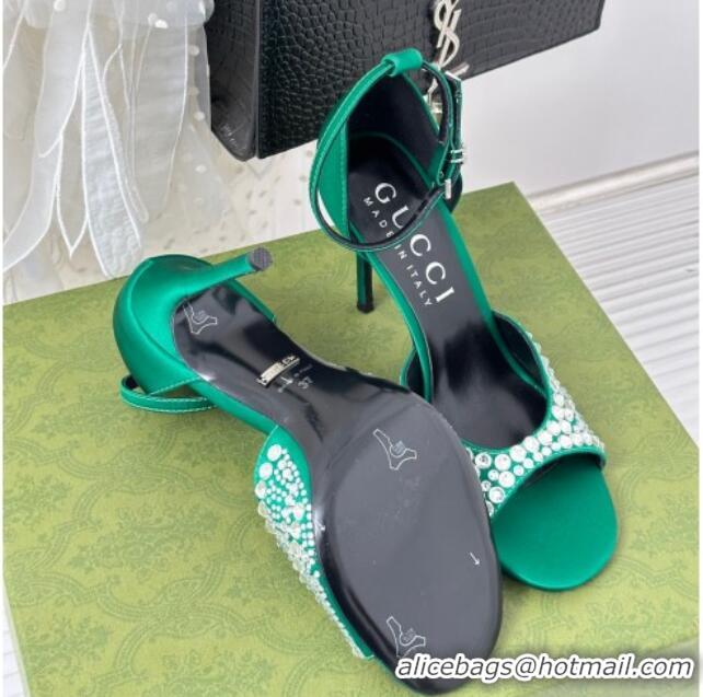 Well Crafted Gucci Heel Sandals with Crystals in Satin 7.5cm Emerald Green 081006