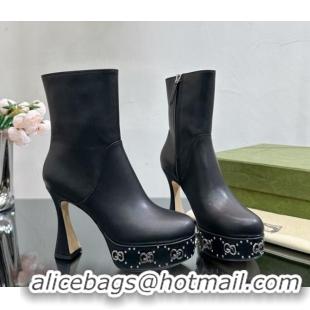 Unique Discount Gucci Leather Platform Ankle Boots 14cm with GG Studs Black 081001