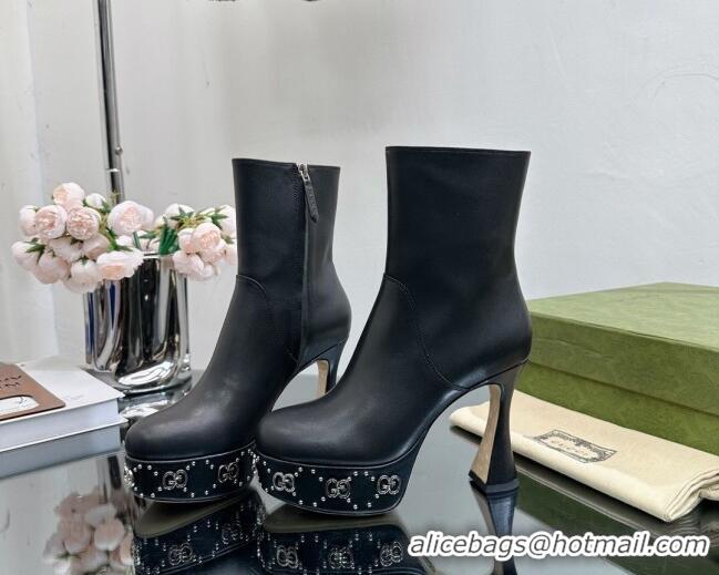 Unique Discount Gucci Leather Platform Ankle Boots 14cm with GG Studs Black 081001