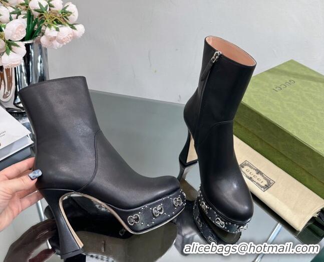 Unique Discount Gucci Leather Platform Ankle Boots 14cm with GG Studs Black 081001