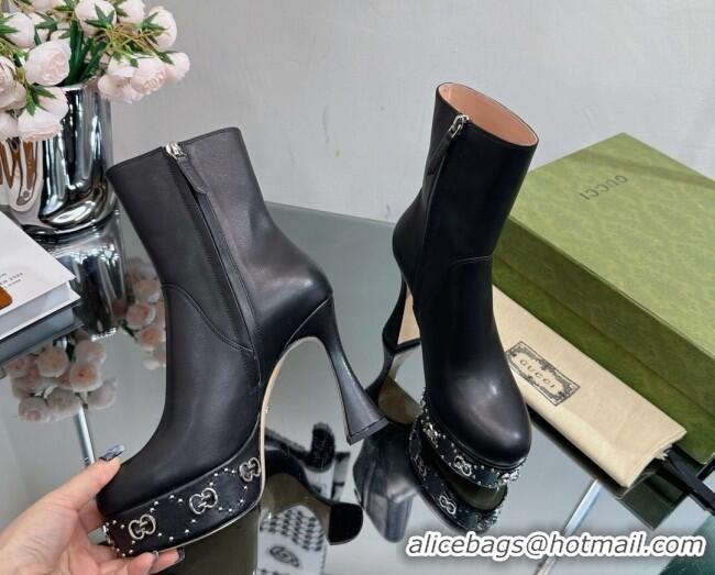 Unique Discount Gucci Leather Platform Ankle Boots 14cm with GG Studs Black 081001