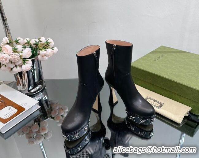 Unique Discount Gucci Leather Platform Ankle Boots 14cm with GG Studs Black 081001