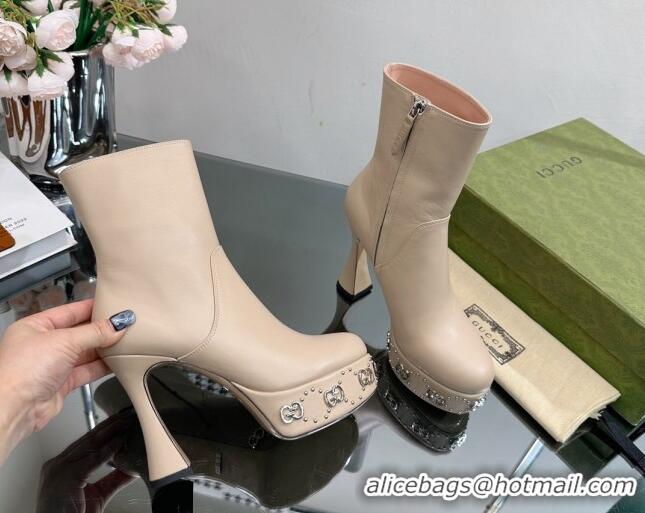 Stylish Gucci Leather Platform Ankle Boots 14cm with GG Studs Beige 081003