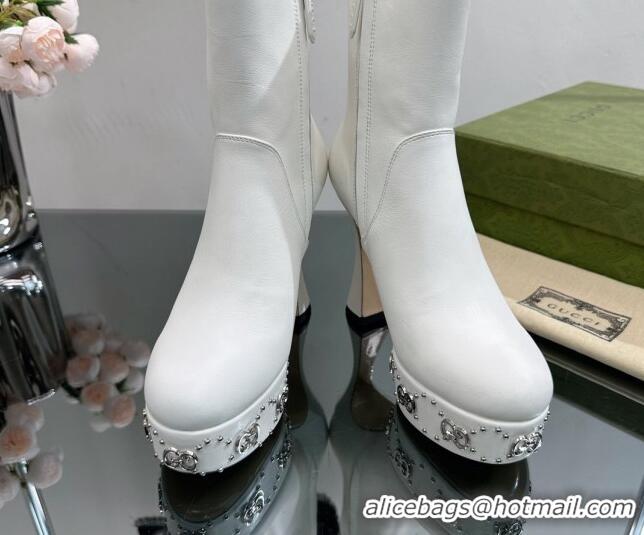 Big Discount Gucci Leather Platform Ankle Boots 14cm with GG Studs White 081004