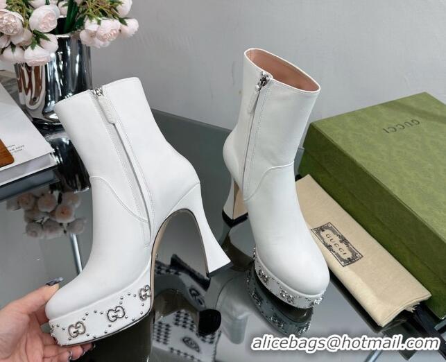 Big Discount Gucci Leather Platform Ankle Boots 14cm with GG Studs White 081004