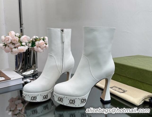 Big Discount Gucci Leather Platform Ankle Boots 14cm with GG Studs White 081004