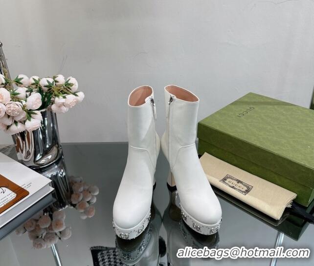 Big Discount Gucci Leather Platform Ankle Boots 14cm with GG Studs White 081004