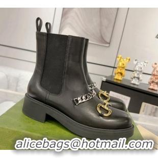 Top Design Gucci Leather Ankle Boots with Horsebit and Chain Black 0814020