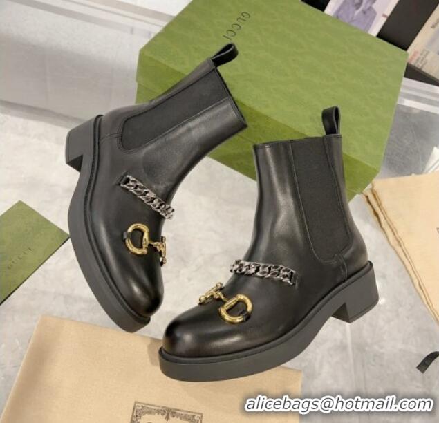 Top Design Gucci Leather Ankle Boots with Horsebit and Chain Black 0814020