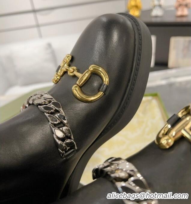 Top Design Gucci Leather Ankle Boots with Horsebit and Chain Black 0814020