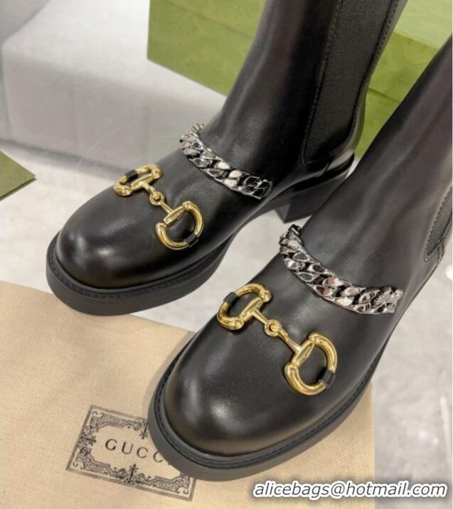 Top Design Gucci Leather Ankle Boots with Horsebit and Chain Black 0814020