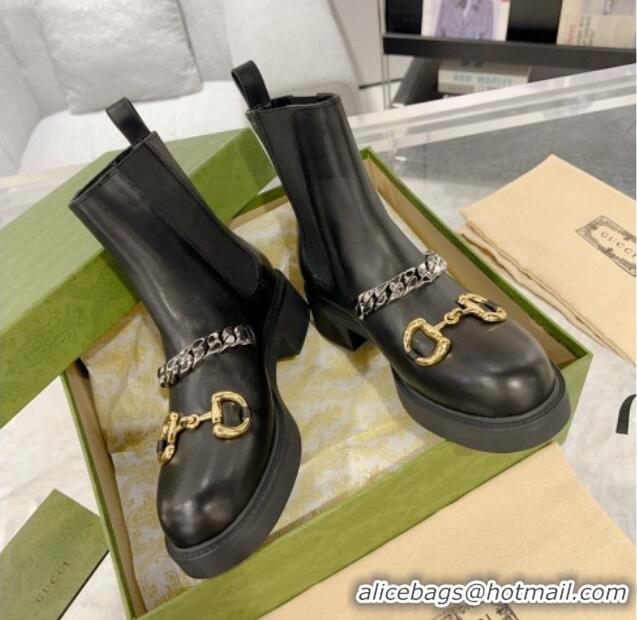 Top Design Gucci Leather Ankle Boots with Horsebit and Chain Black 0814020