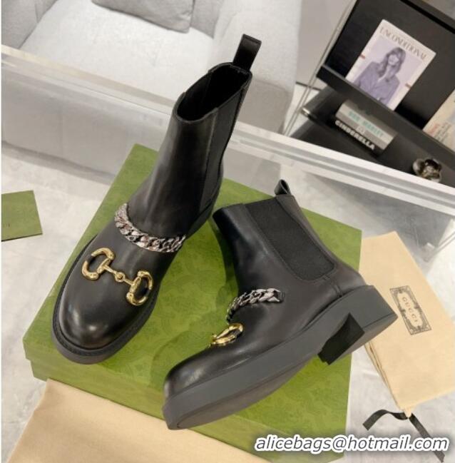 Top Design Gucci Leather Ankle Boots with Horsebit and Chain Black 0814020