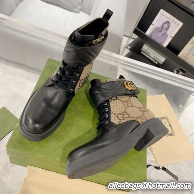 Good Looking Gucci Jumbo GG Canvas and Leather Lace-up Ankle Boots with Double 0814021