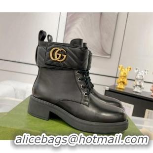 Good Product Gucci Leather Lace-up Ankle Boots with Double G Black 0814022