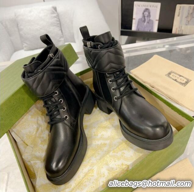 Good Product Gucci Leather Lace-up Ankle Boots with Double G Black 0814022