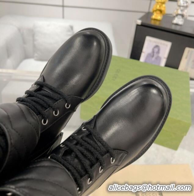 Good Product Gucci Leather Lace-up Ankle Boots with Double G Black 0814022