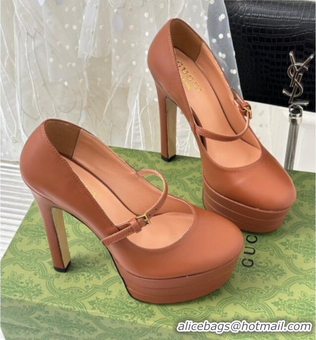 Luxurious Gucci High Heel Pump in Brown Calfskin 135mm Heel 381820