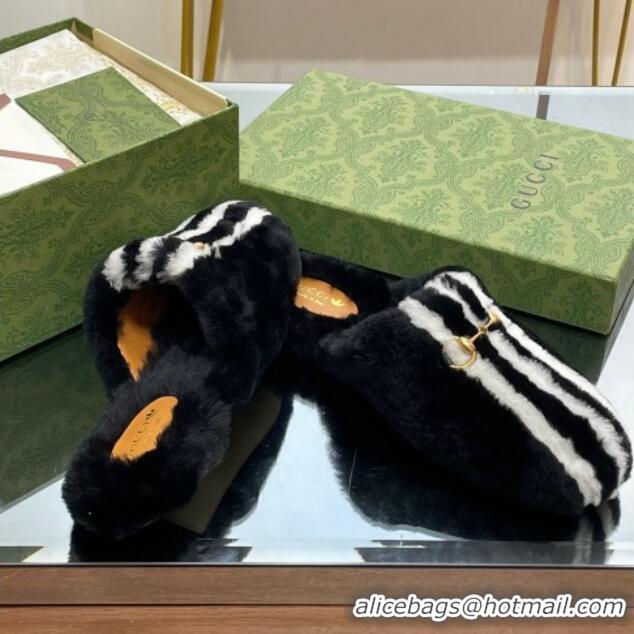 Good Quality Gucci Shearling Wool Princetown Slippers White/Black 821001