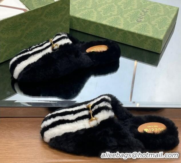 Good Quality Gucci Shearling Wool Princetown Slippers White/Black 821001