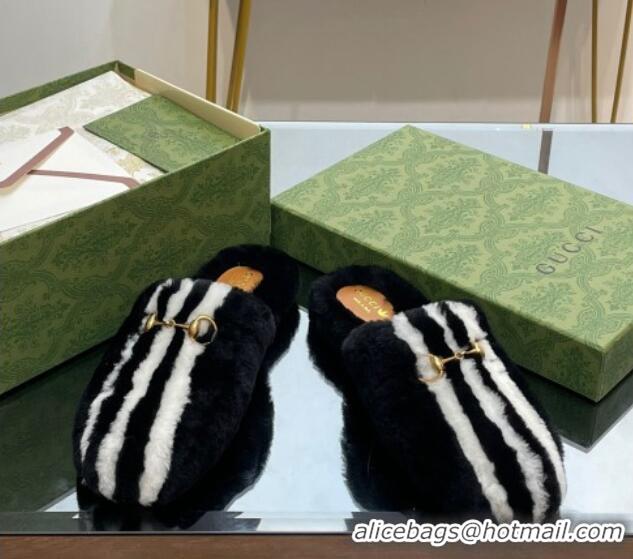 Good Quality Gucci Shearling Wool Princetown Slippers White/Black 821001