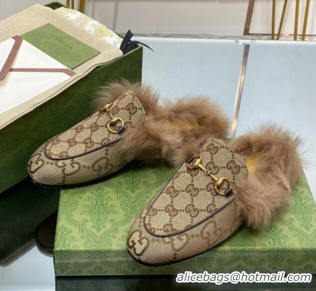 Best Product Gucci Jumbo GG Canvas and Wool Princetown Slippers Beige 821002