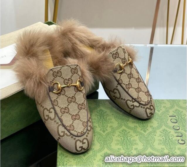 Best Product Gucci Jumbo GG Canvas and Wool Princetown Slippers Beige 821002