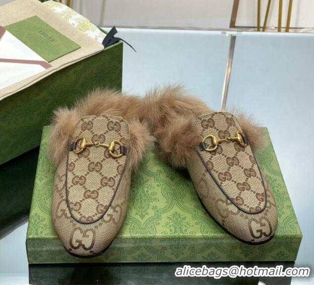 Best Product Gucci Jumbo GG Canvas and Wool Princetown Slippers Beige 821002