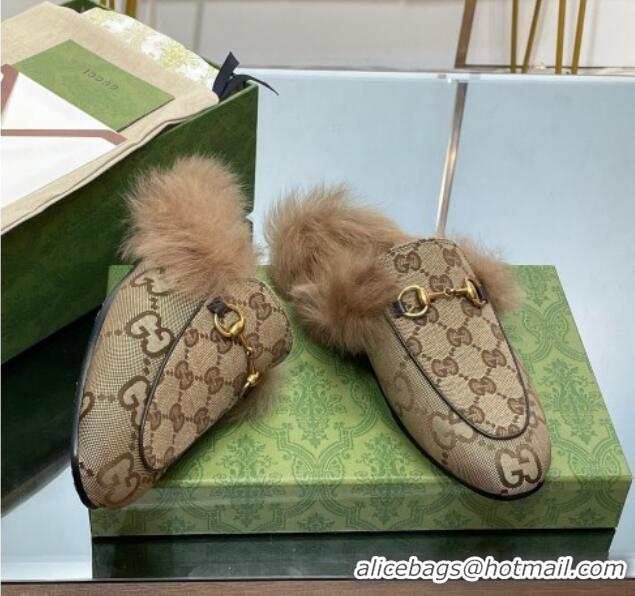 Best Product Gucci Jumbo GG Canvas and Wool Princetown Slippers Beige 821002