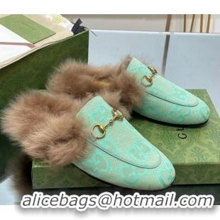 Pretty Style Gucci Jumbo GG Canvas and Wool Princetown Slippers Light Green 821003