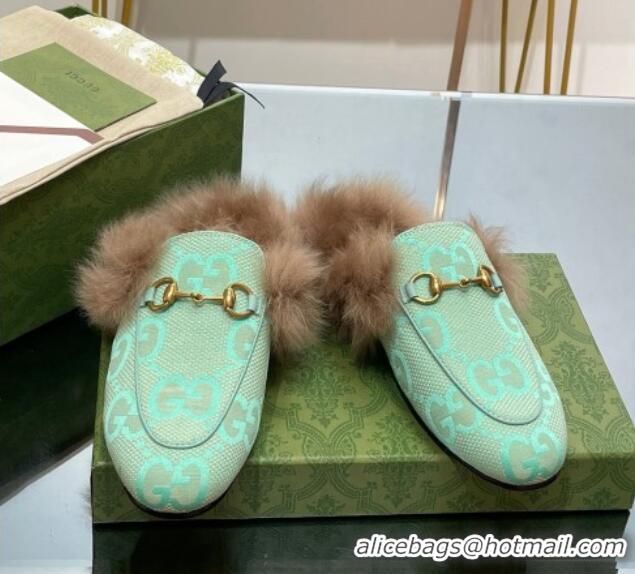 Pretty Style Gucci Jumbo GG Canvas and Wool Princetown Slippers Light Green 821003