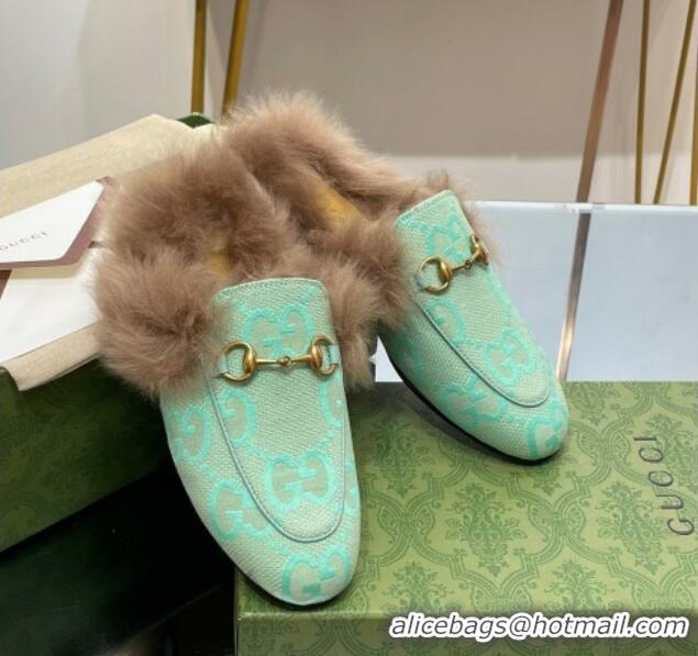 Pretty Style Gucci Jumbo GG Canvas and Wool Princetown Slippers Light Green 821003