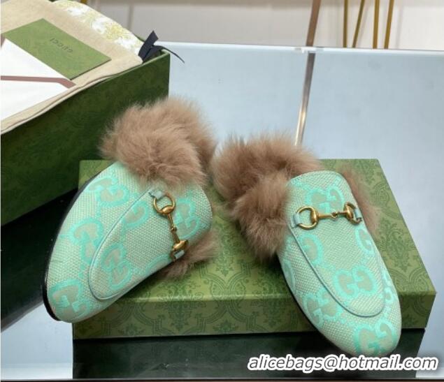 Pretty Style Gucci Jumbo GG Canvas and Wool Princetown Slippers Light Green 821003