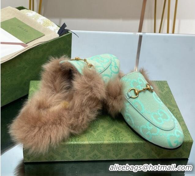 Pretty Style Gucci Jumbo GG Canvas and Wool Princetown Slippers Light Green 821003