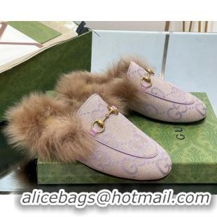 Top Grade Gucci Jumbo GG Canvas and Wool Princetown Slippers Purple 821004