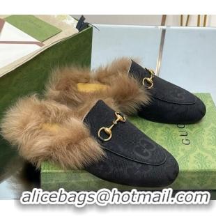 Feminine Gucci Jumbo GG Canvas and Wool Princetown Slippers Black 0821007