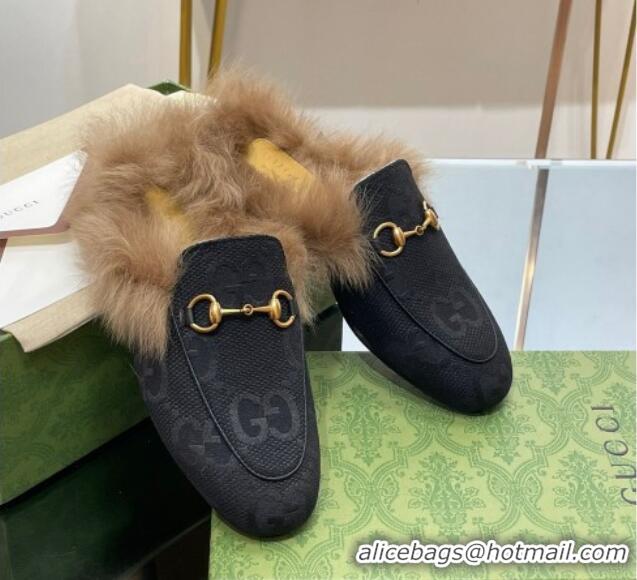 Feminine Gucci Jumbo GG Canvas and Wool Princetown Slippers Black 0821007