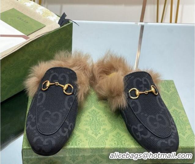 Feminine Gucci Jumbo GG Canvas and Wool Princetown Slippers Black 0821007